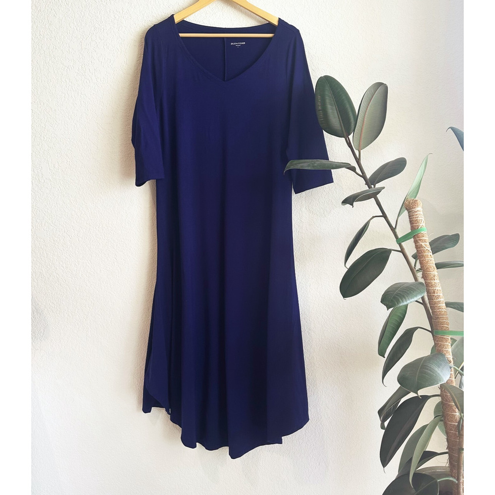 Eileen Fisher Asymmetrical Maxi Dress Large Viscose Lagenlook Minimalist Capsule